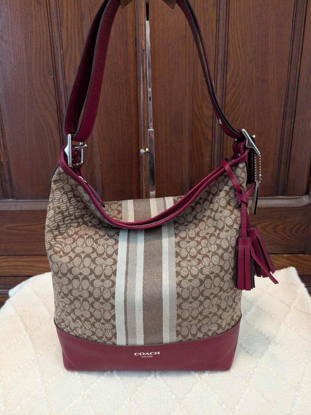 Coach Legacy Signature Stripe Canvas Leather Trim Hobo Shoulder Bag Khaki/ Red